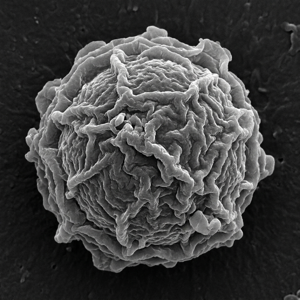 Scanning electron micrograph of an Acanthamoeba cyst showing the wrinkled double-wall endocyst and ectocyst morphology.