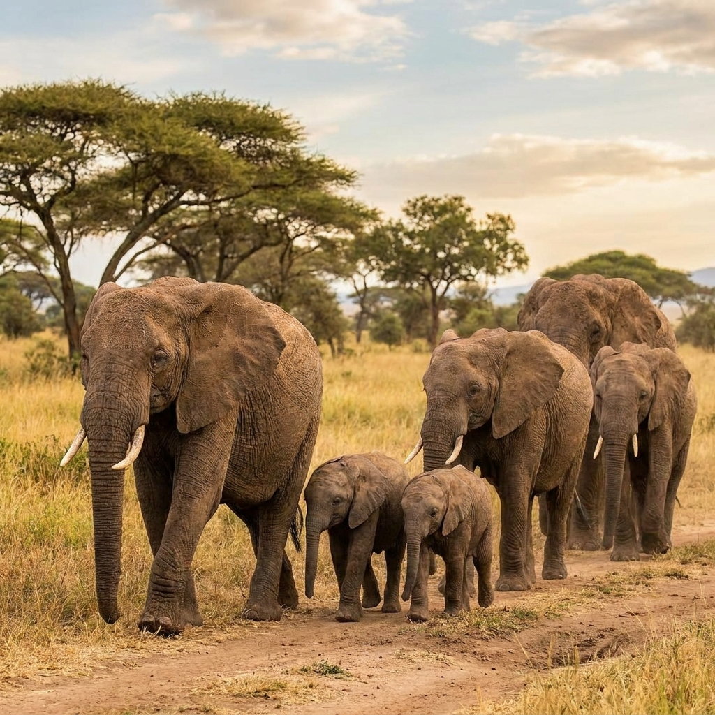 A family group of African elephants in savanna grassland, an adult female leading calves.