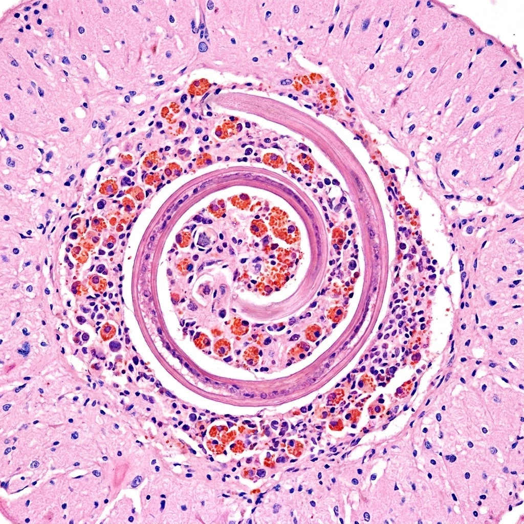 Histology section showing a coiled Angiostrongylus cantonensis larva inside cerebrospinal tissue with eosinophilic infiltrate.