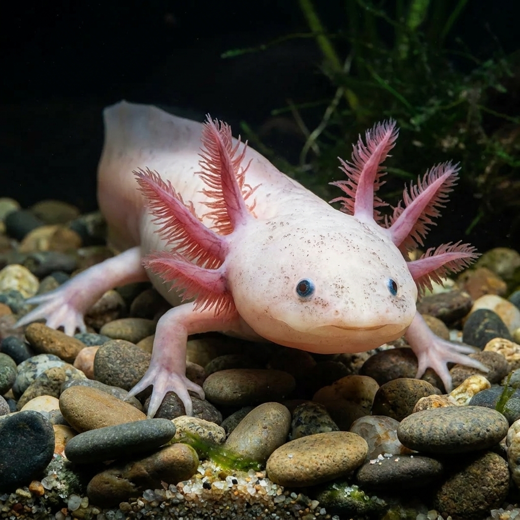 A pale axolotl with feathery external gills resting on a pebbled aquarium floor.