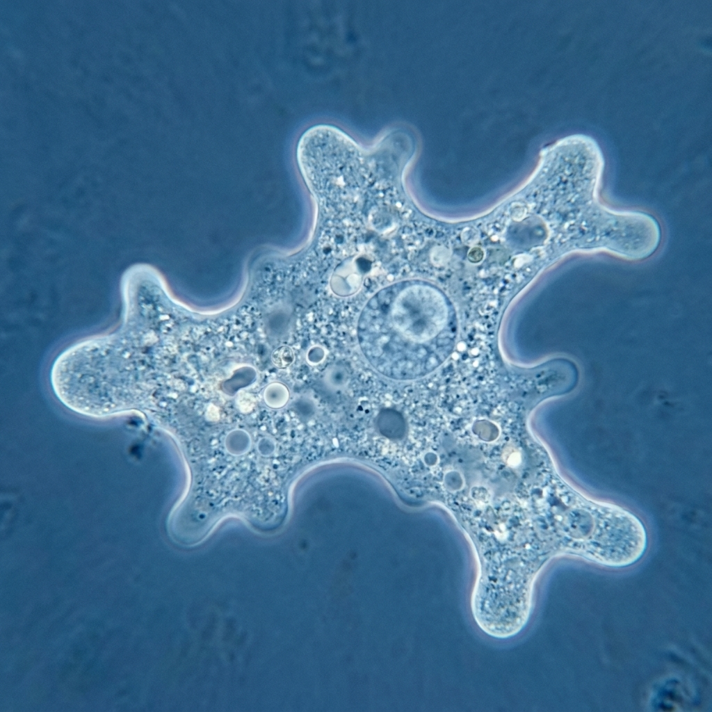 Light micrograph of a Balamuthia mandrillaris trophozoite showing its irregular branching shape and single prominent nucleolus.