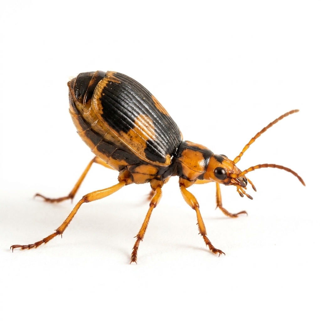 Close-up of a bombardier beetle with its abdomen raised in defensive posture.