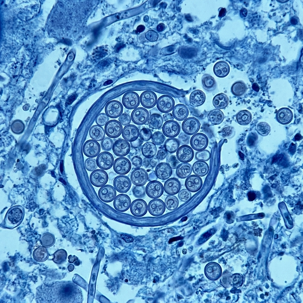 Light micrograph of a Coccidioides immitis spherule packed with endospores, the characteristic tissue form of the fungus.