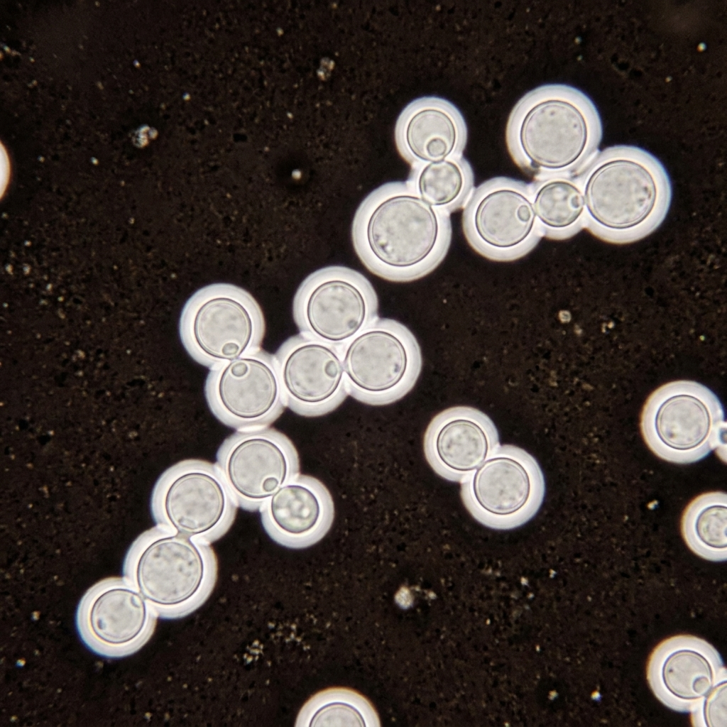 India ink preparation of Cryptococcus neoformans showing budding yeast cells surrounded by a clear halo from the thick polysaccharide capsule.