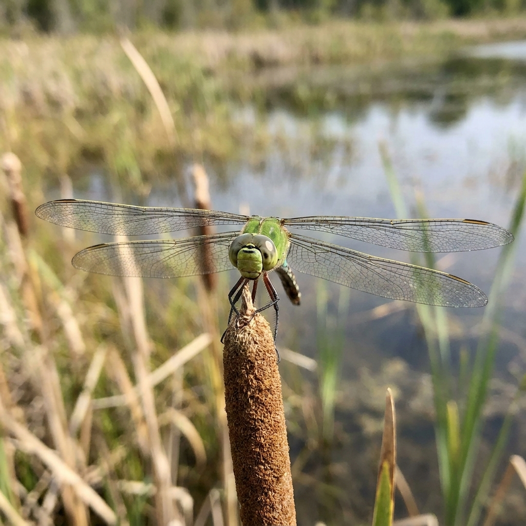 A dragonfly perched on a reed stem, compound eyes prominent, wings held horizontally.