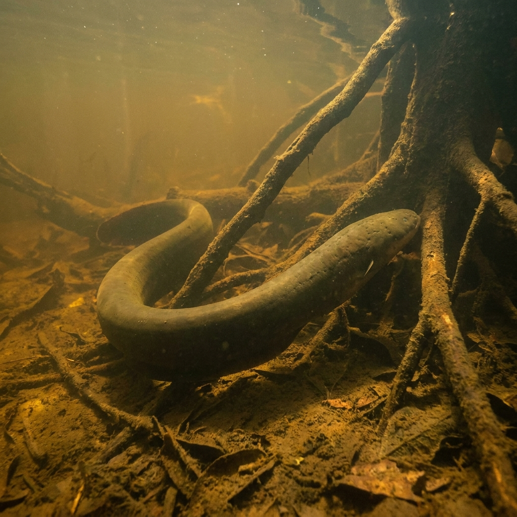 An electric eel in dark Amazon basin water, elongated body partially coiled near the substrate.