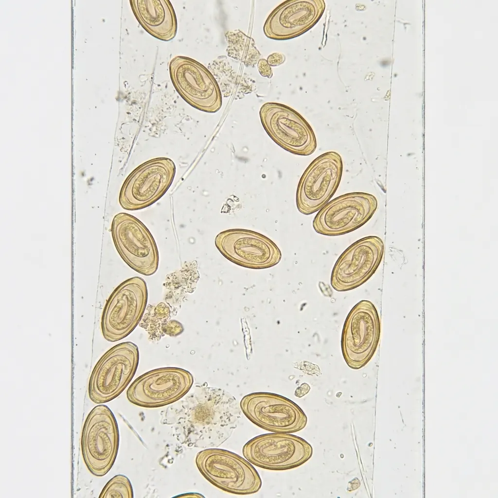 Light micrograph of Enterobius vermicularis eggs, oval and flattened on one side, collected on adhesive tape from a perianal swab.