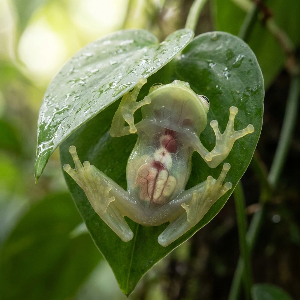 A glass frog on a leaf, ventral side visible through the skin, internal organs faintly outlined.