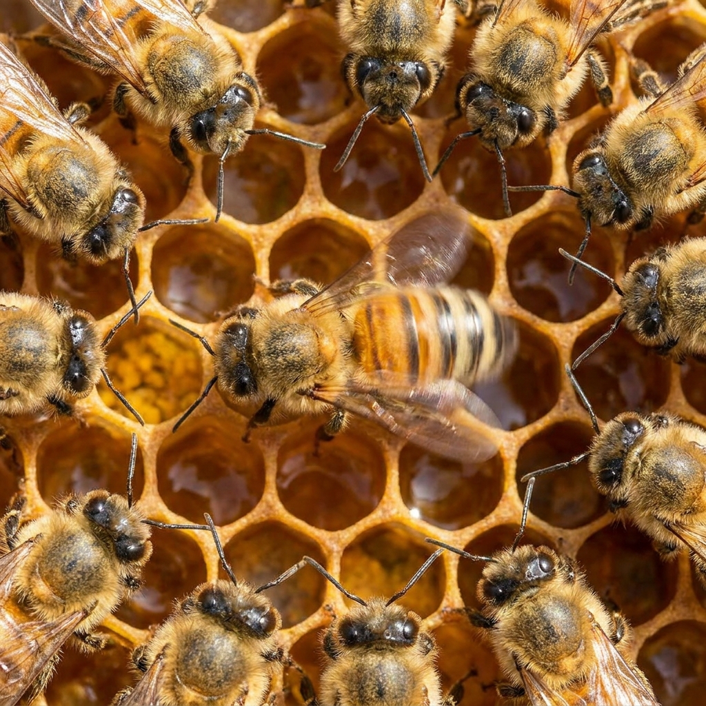 A honeybee performing the waggle dance on the surface of a honeycomb, surrounded by attentive nestmates.