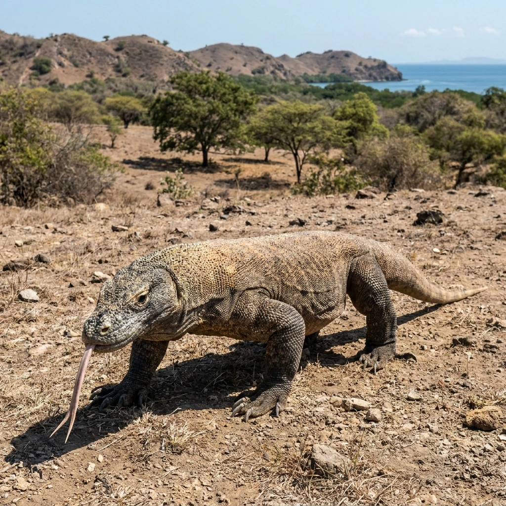 A Komodo dragon walking across open ground on Komodo Island, forked tongue extended.