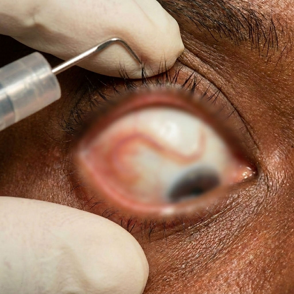An adult Loa loa worm migrating beneath the conjunctiva of a human eye, the hallmark sign of loiasis.