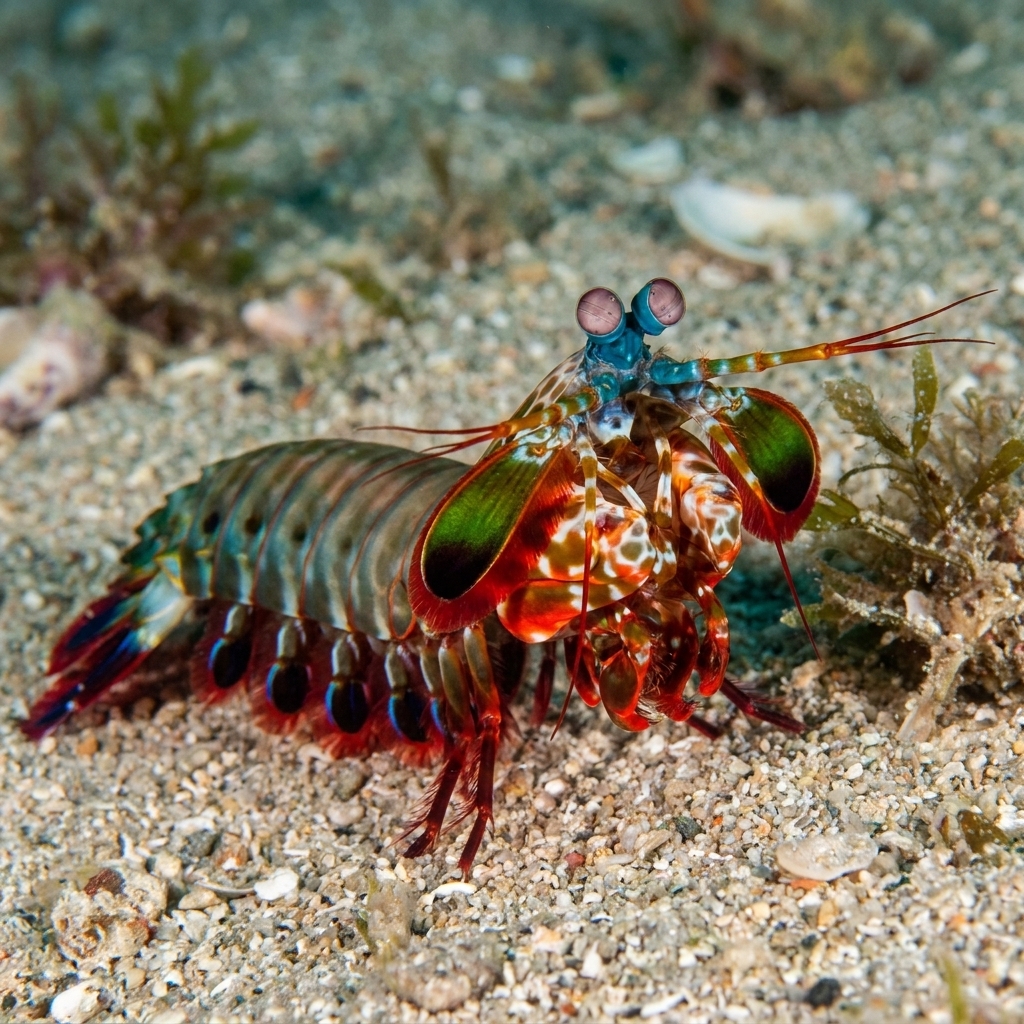 A peacock mantis shrimp showing the prominent stalked eyes and vibrant shell colors.