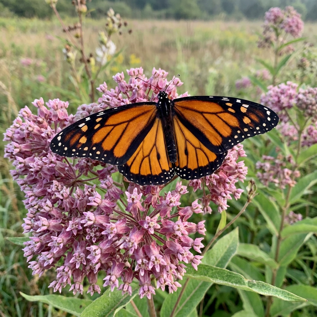 A monarch butterfly resting on a milkweed flower, wings open, showing orange and black patterning.