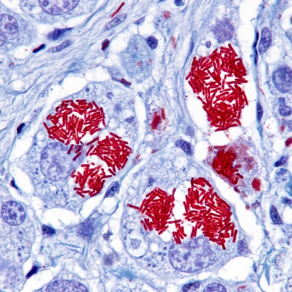 Acid-fast stained micrograph showing red, rod-shaped Mycobacterium leprae bacilli clustered into globi inside host cells.