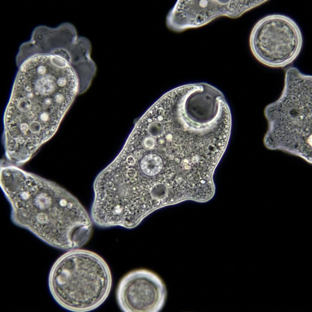 Light micrograph of Naegleria fowleri trophozoites showing characteristic food cups and rounded shape.