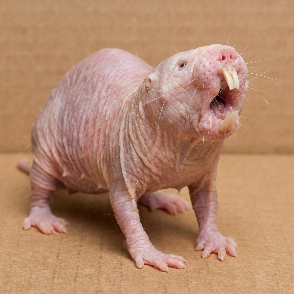 A pink, wrinkled naked mole rat with prominent front teeth, photographed inside a research burrow.