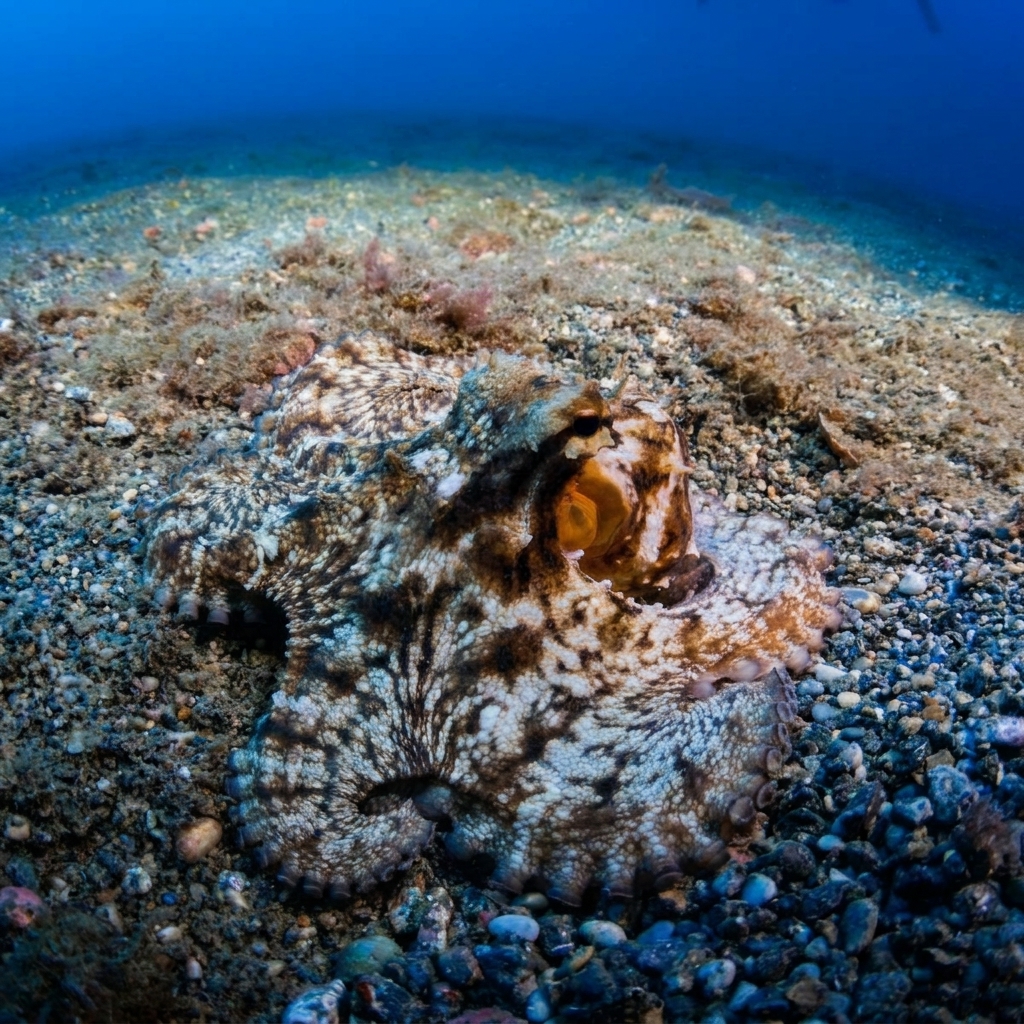 A common octopus blended against a coral reef, only the outline of its arm visible.