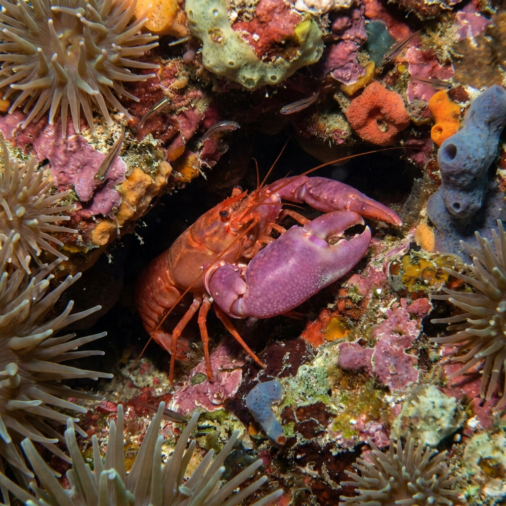 A pistol shrimp in a coral reef crevice, showing its asymmetric enlarged snapping claw.