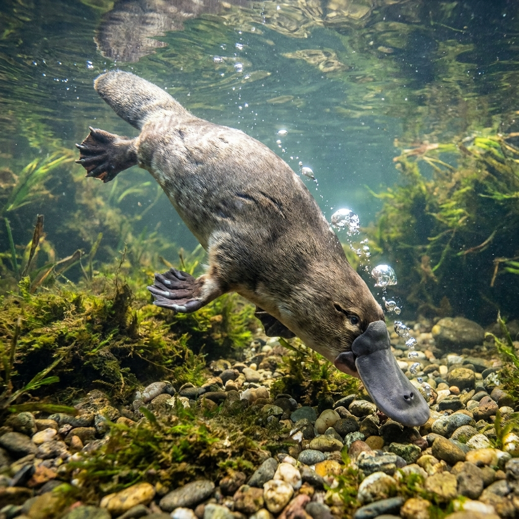 A platypus swimming underwater, bill angled downward toward the riverbed.