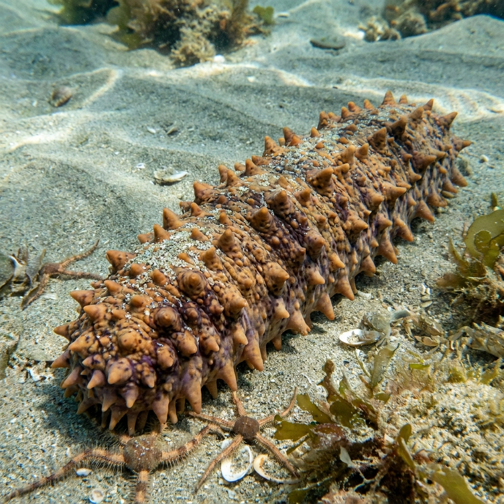 A sea cucumber on a sandy seafloor, showing its elongated body and papillae-covered surface.