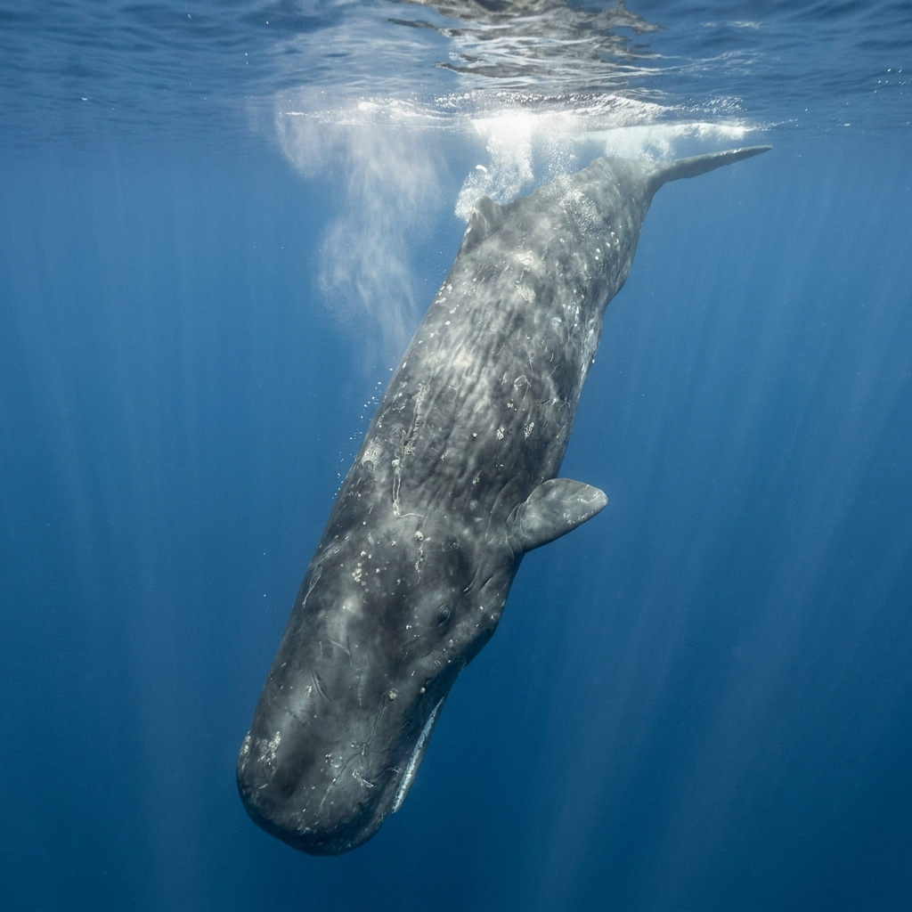 A sperm whale ascending toward the surface after a deep dive, surrounded by open ocean.