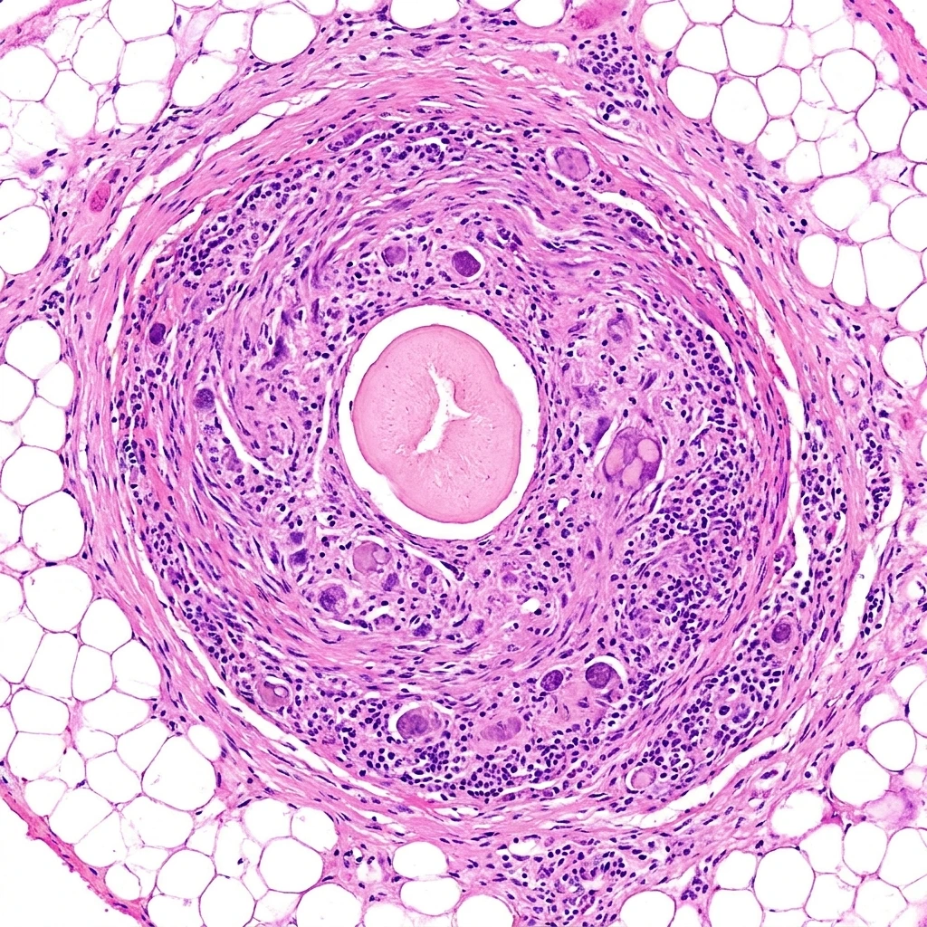 Histology of a Spirometra plerocercoid larva (sparganum) embedded in subcutaneous tissue surrounded by granulomatous infiltrate.