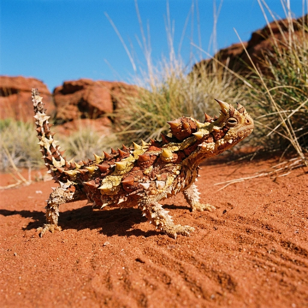 A thorny devil lizard on red Australian sand, spines prominent, showing its cryptic desert coloring.