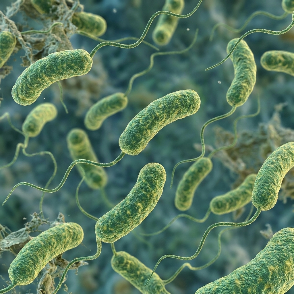Scanning electron micrograph of curved, rod-shaped Vibrio vulnificus bacteria, each bearing a single polar flagellum.